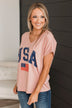 "USA" V-Neck Top- Dusty Pink