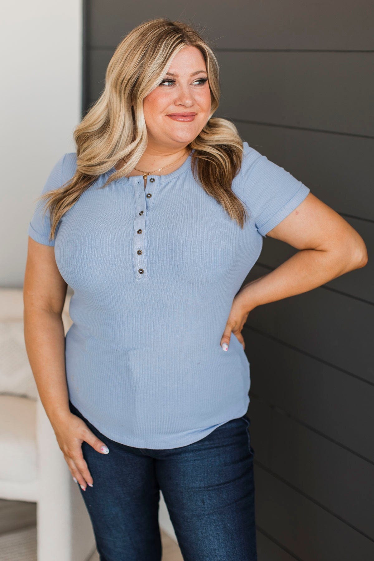 Every Effort Ribbed Knit Button Top- Periwinkle