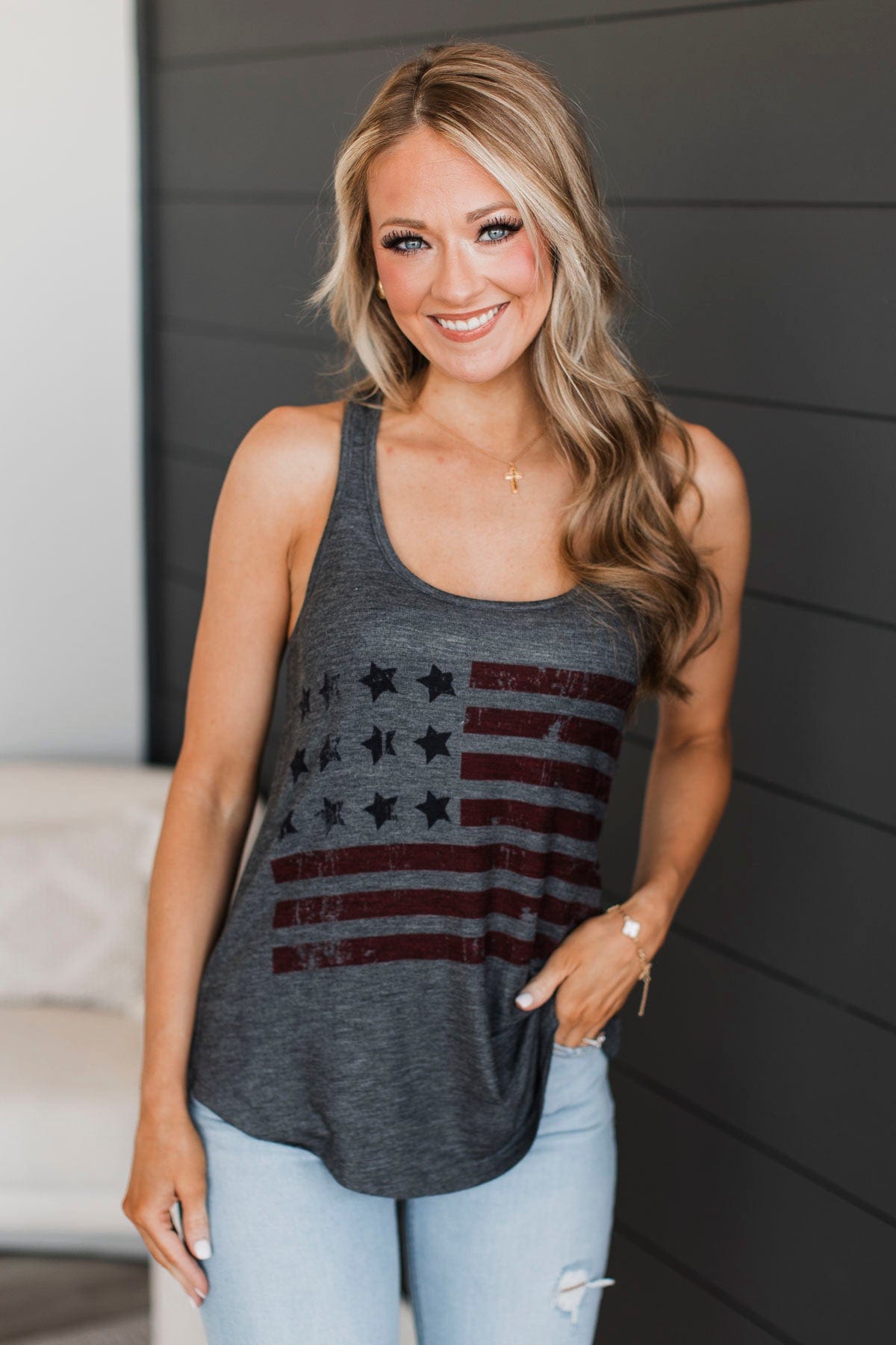 American Dream Graphic Tank Top- Charcoal