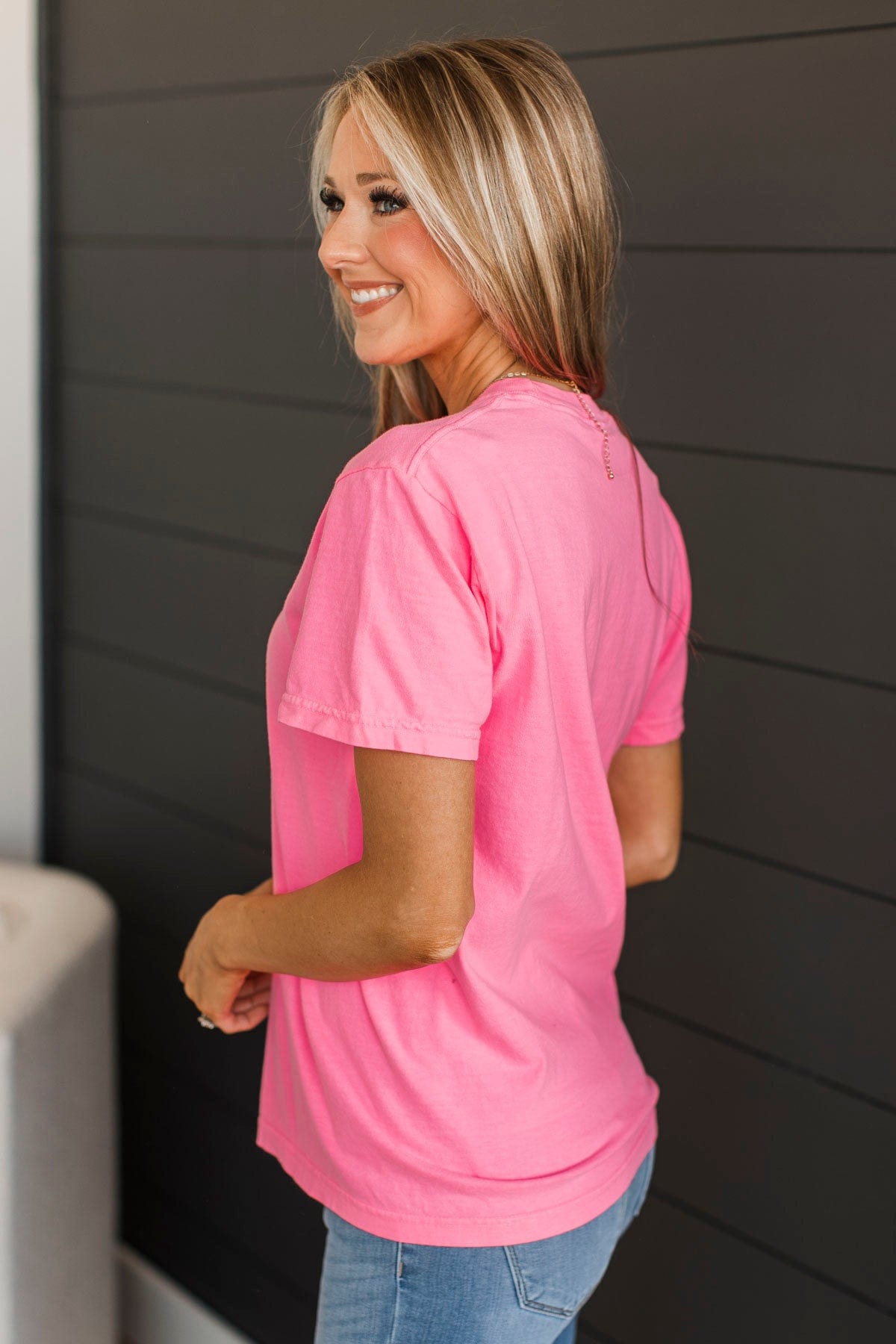 "Mama" Embroidered Tee- Neon Pink