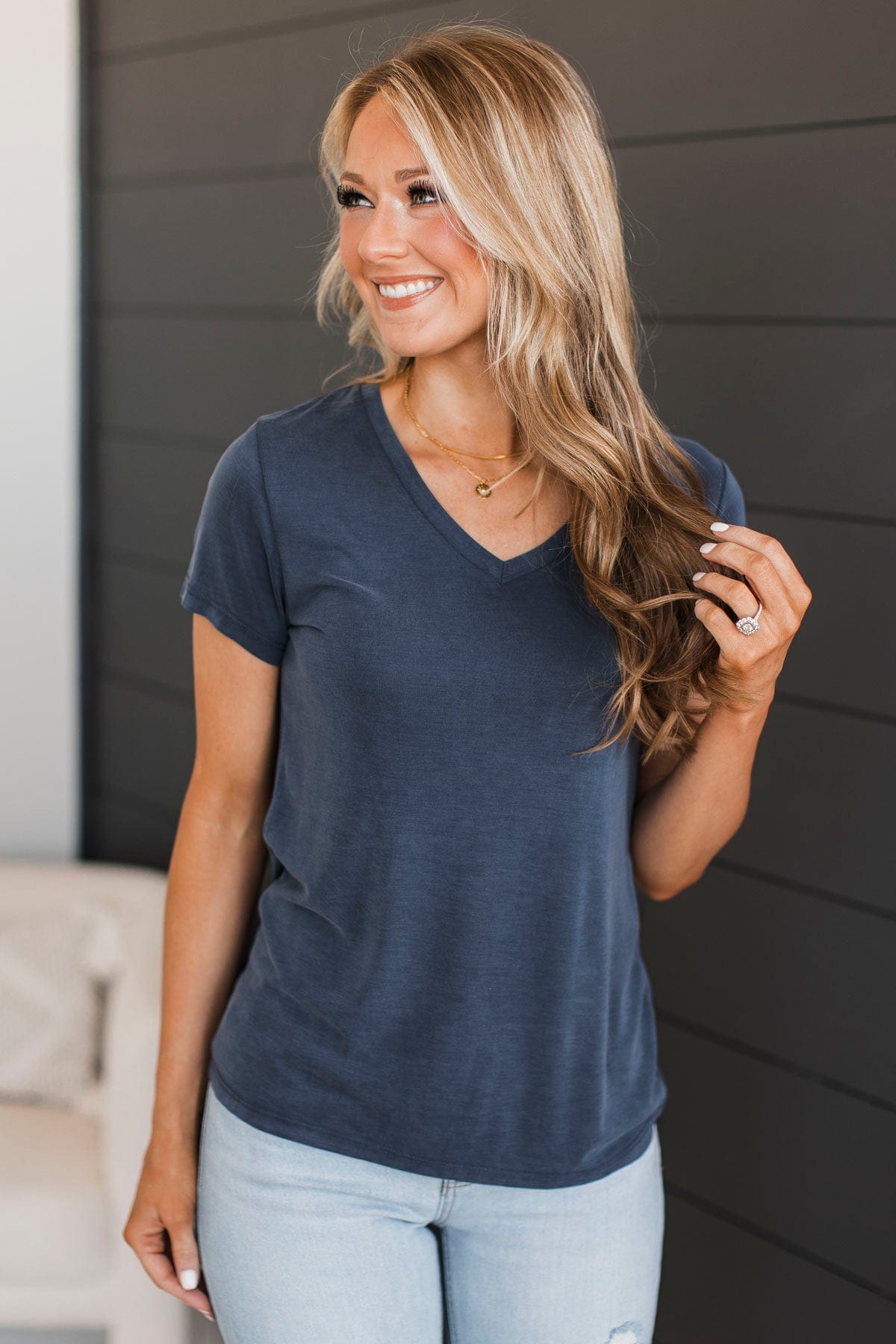 Something To Cling To V-Neck Top- Steel Blue