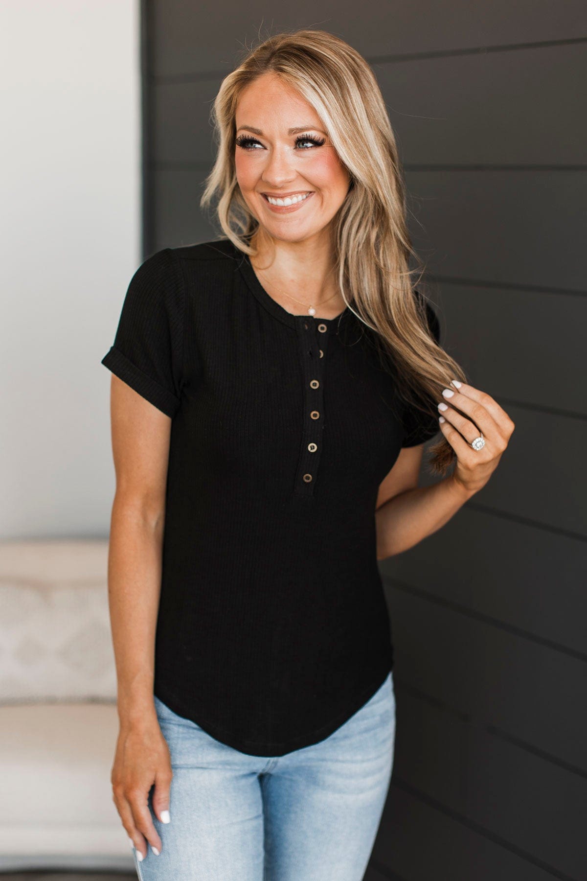 Every Effort Ribbed Knit Button Top- Black