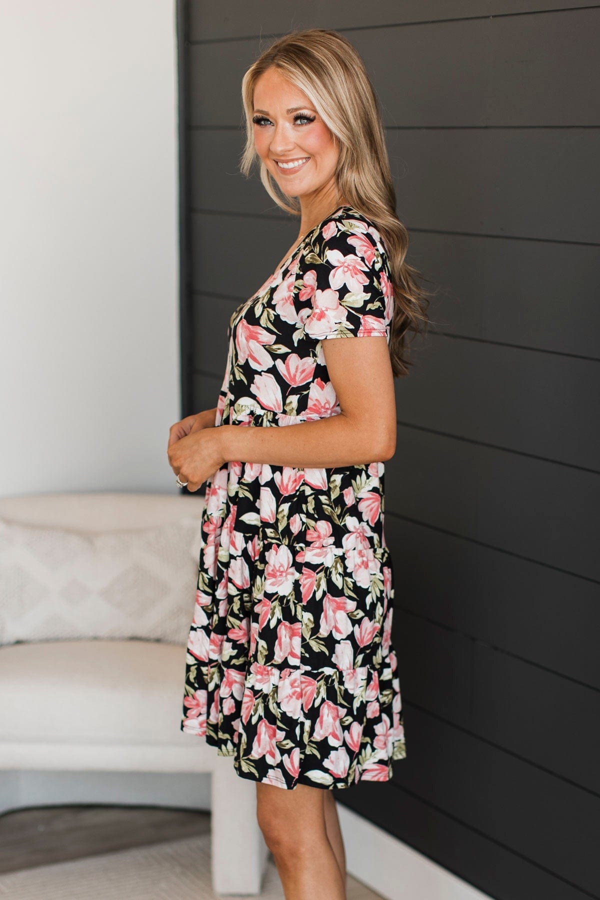 Important Things In Life Floral Dress- Black