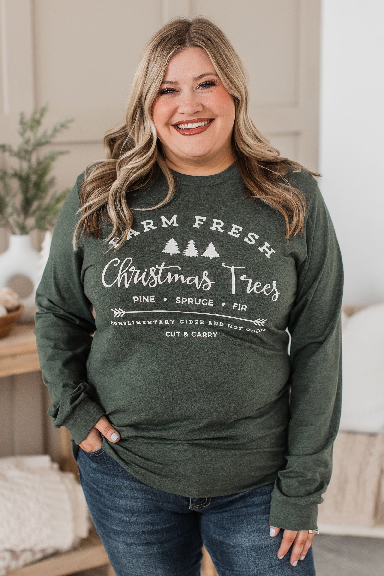 "Farm Fresh Christmas Trees" Long Sleeve Graphic Top- Hunter Green