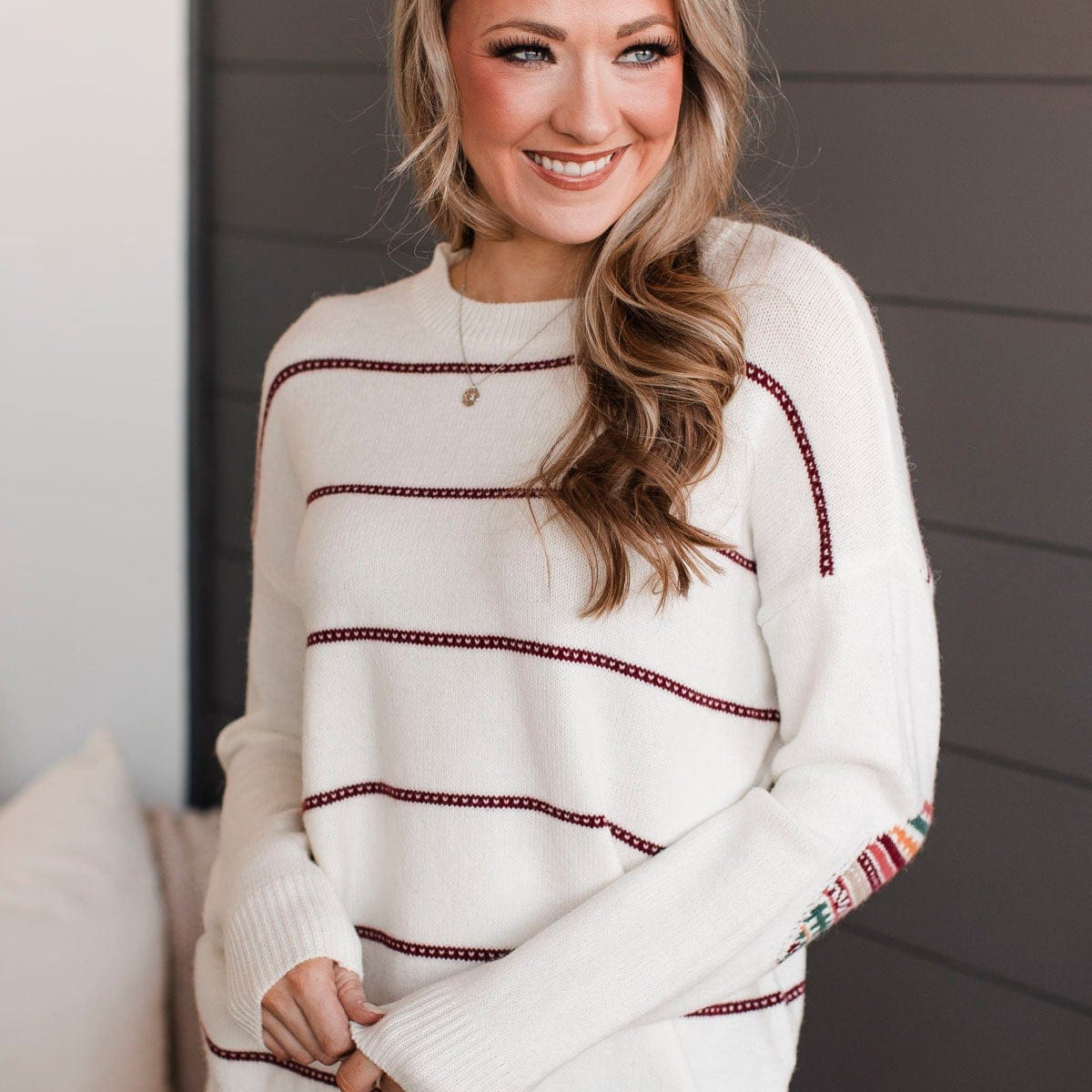 Cozy Knit Sweater In Burgundy White & Grey Chevron