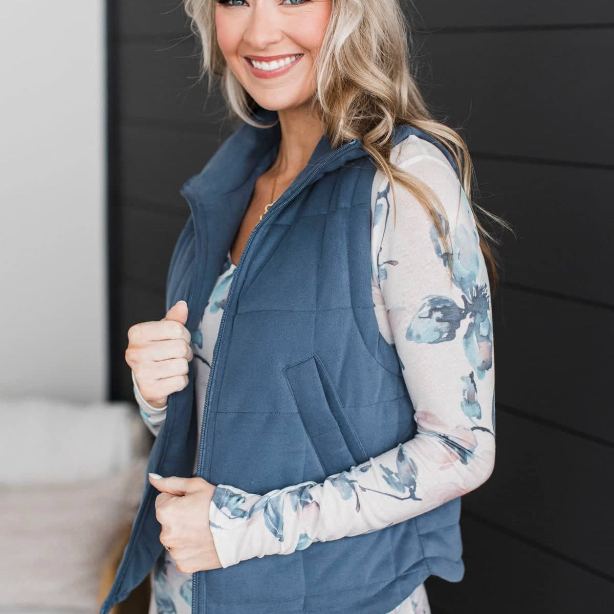Stunning Views Puffer Vest- Denim Blue