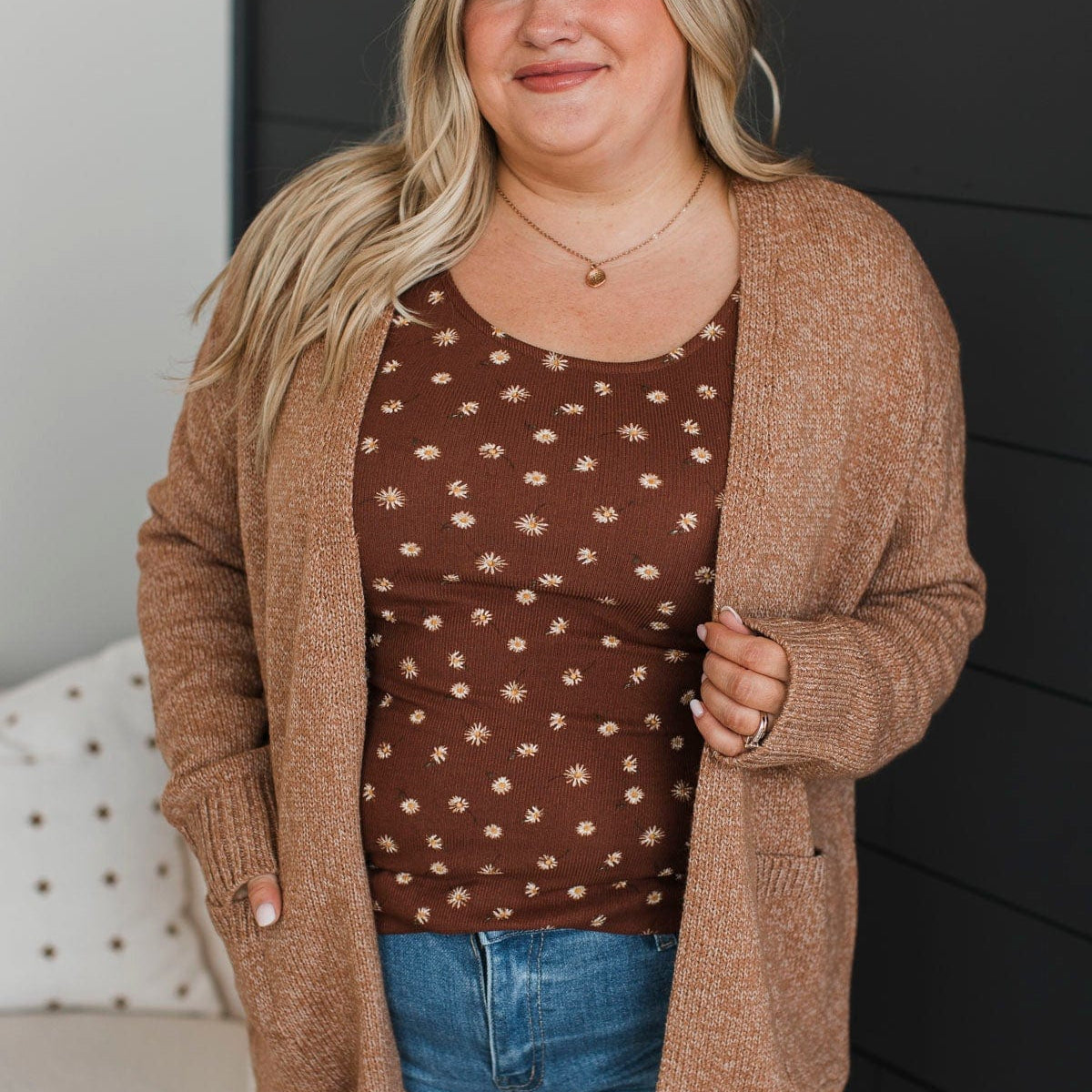 Curve camel brushed knit button through cardi