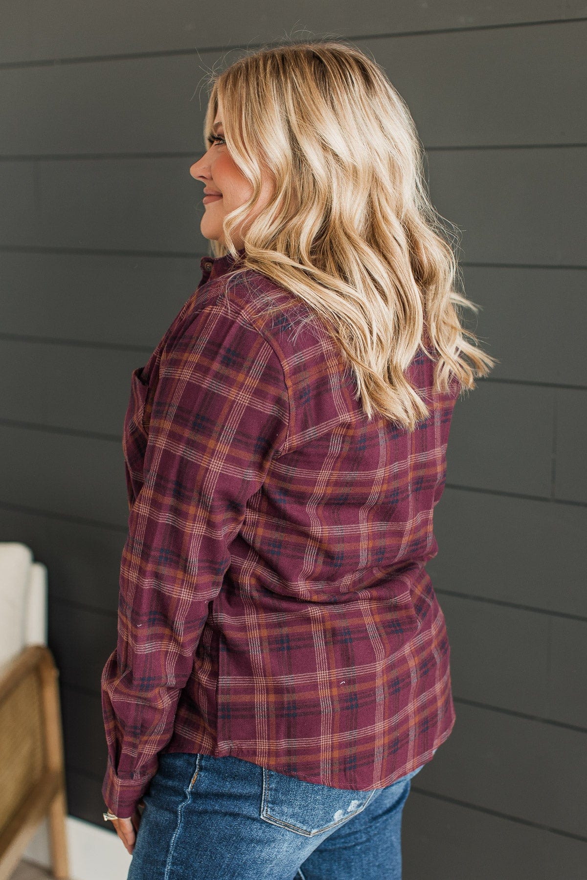 Tell You Everything Plaid Button Top- Plum