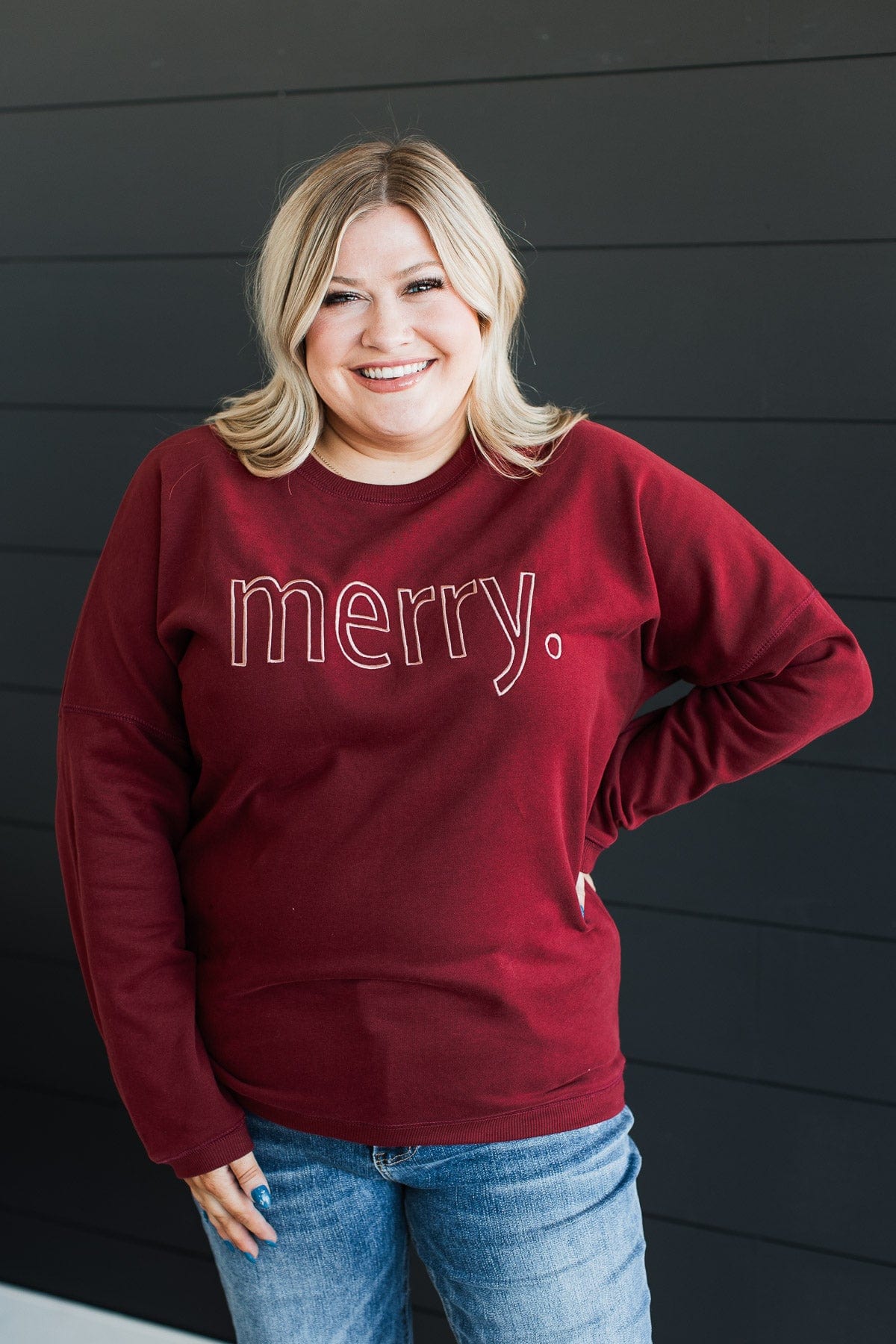 "Merry" Embroidered Crew Neck Pullover- Wine