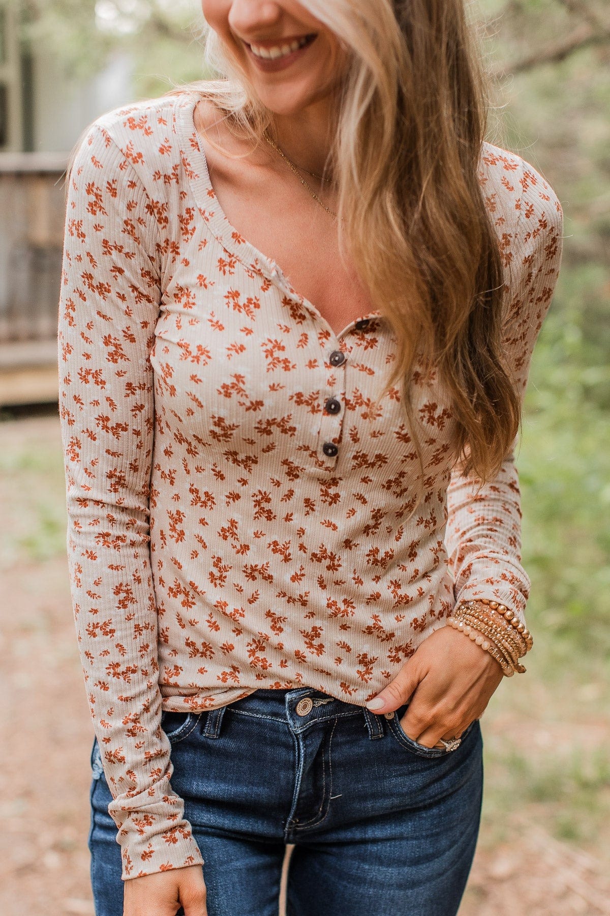 Piercing Beauty Floral Henley Top- Cream
