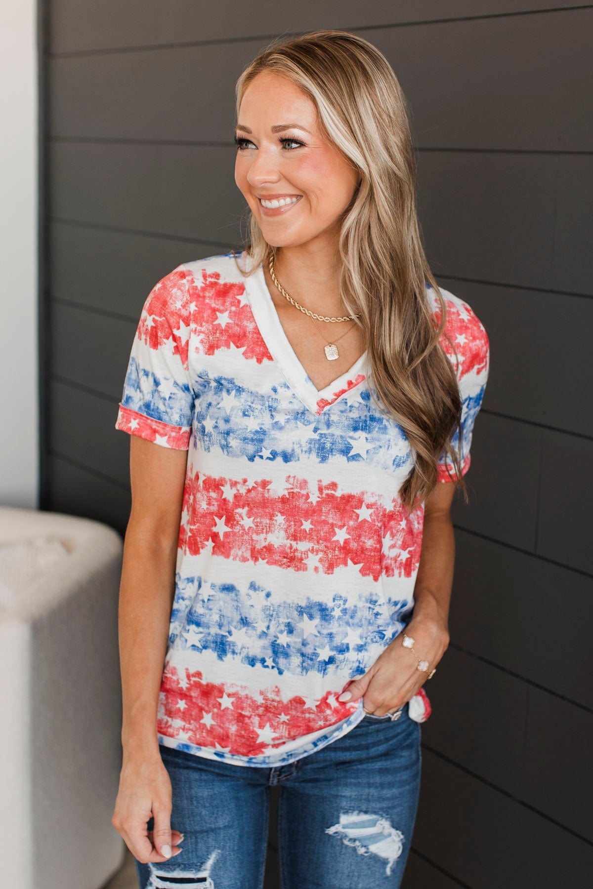 Follow The Stars V-Neck Top- Red, White, & Blue