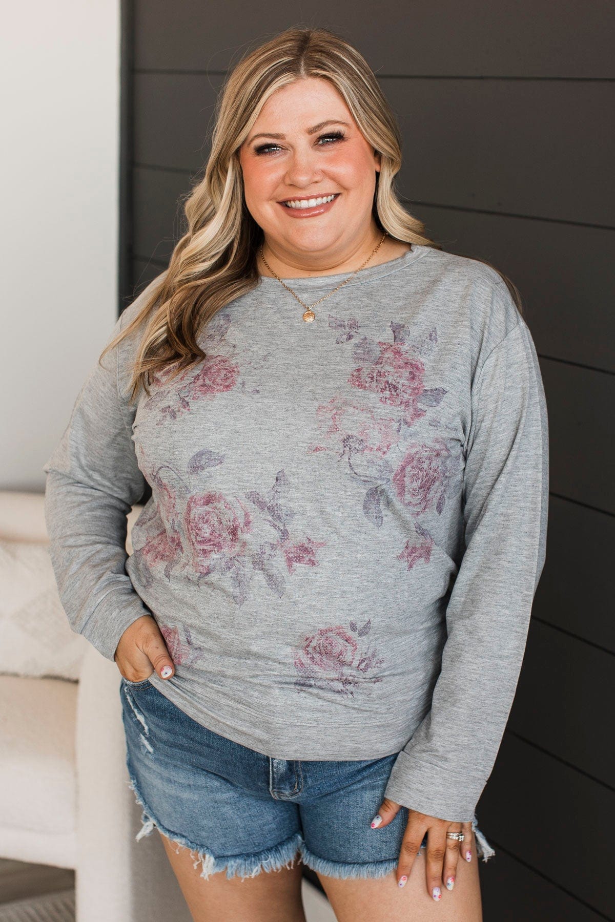 Ring It In Long Sleeve Floral Top- Heather Grey