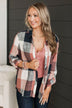 American Beauty Button Plaid Top- Mauve Pink & Navy