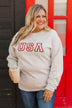 "USA" Graphic Crew Neck Pullover- Heather Oatmeal