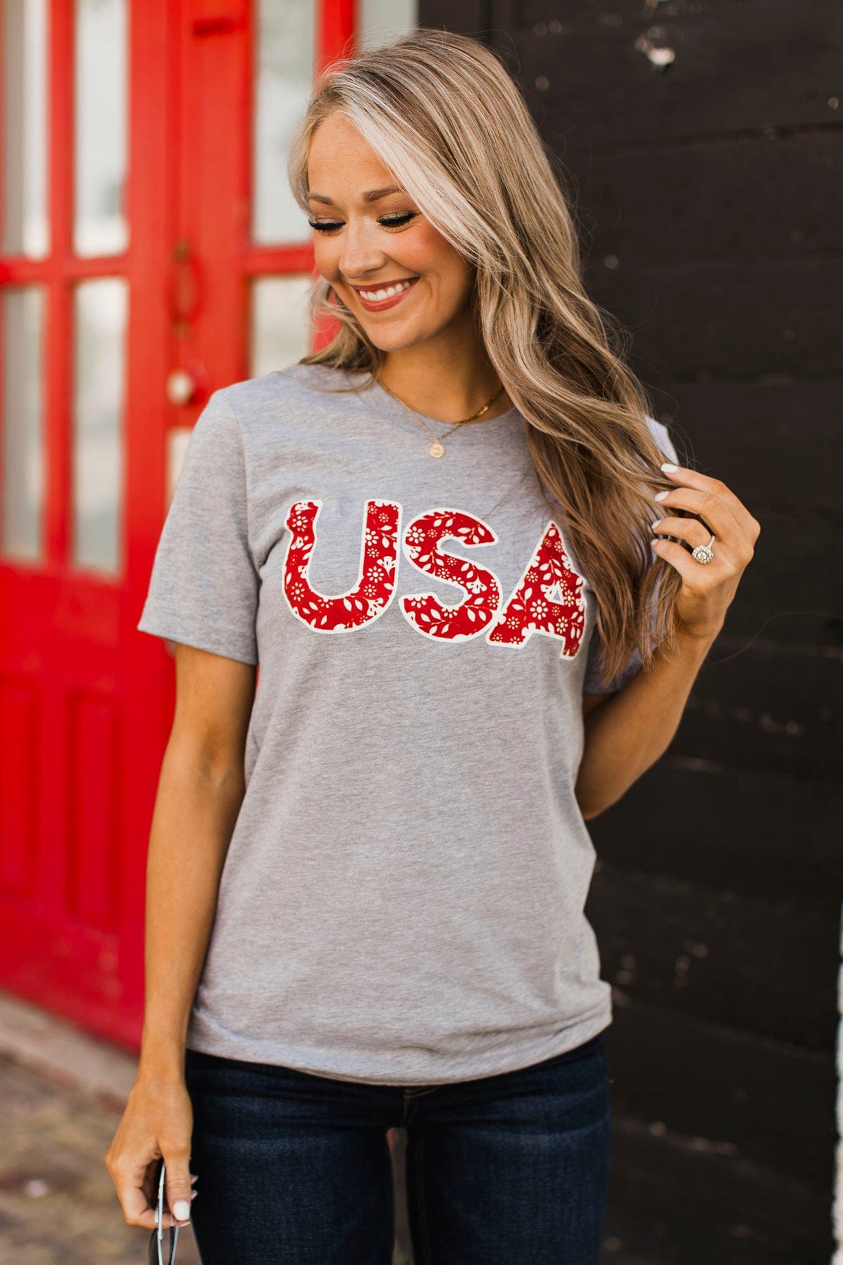 "USA" Floral Letter Graphic Tee- Heather Grey