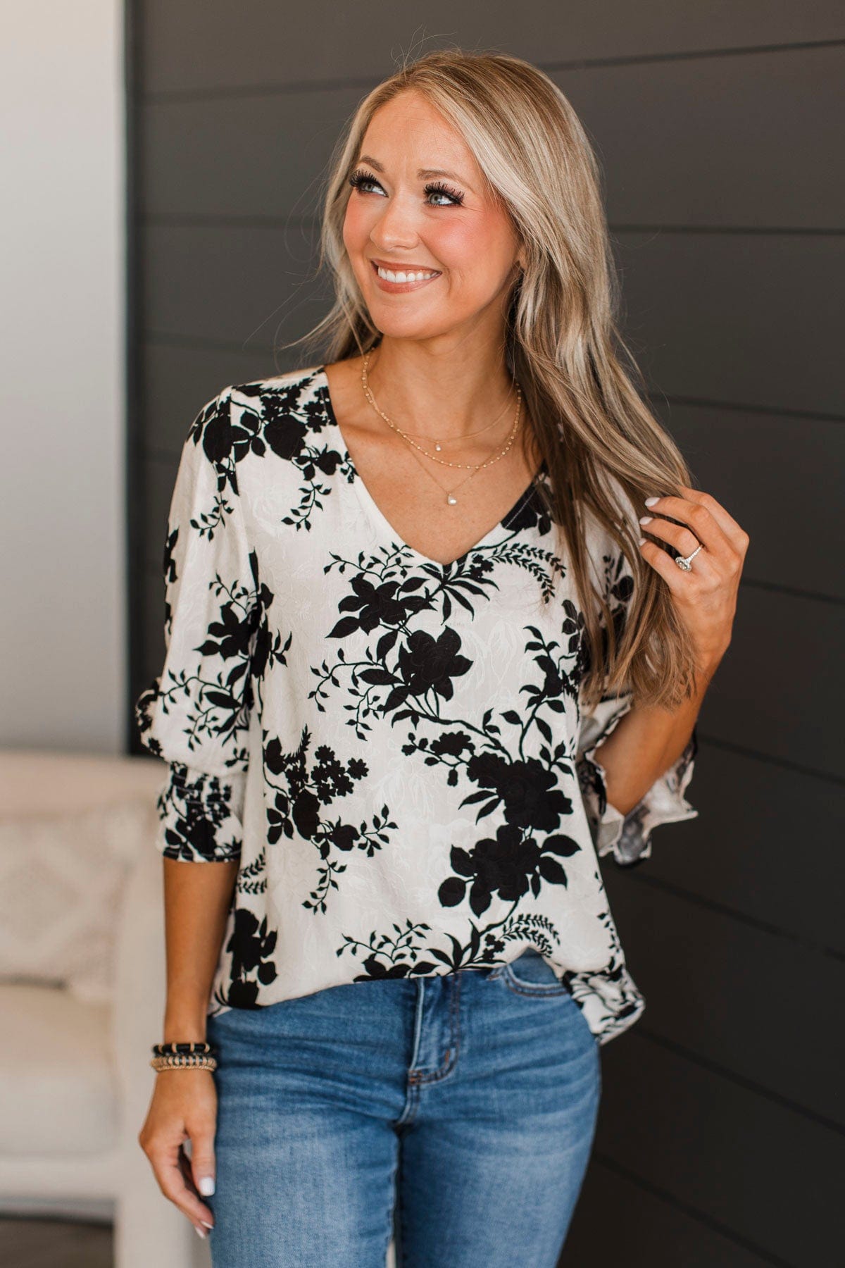 Give You Love Floral Jacquard Blouse- Ivory & Black