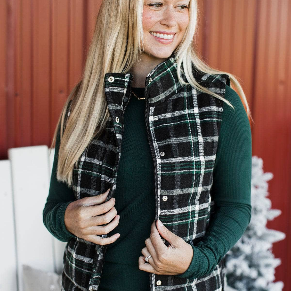 PLUS HIGH NECK SNAP BUTTON PLAID PUFFER VEST