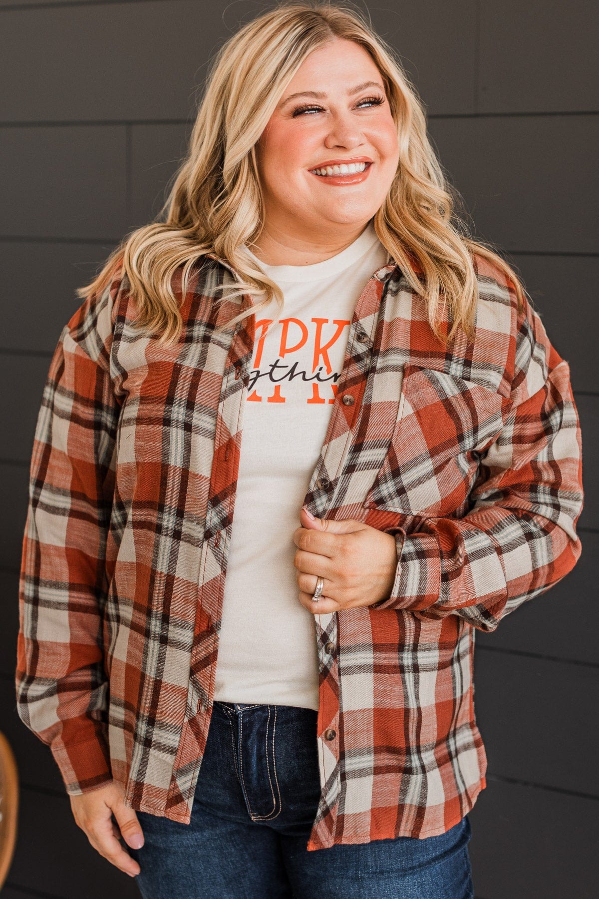 Always Loved Plaid Button Top- Rust