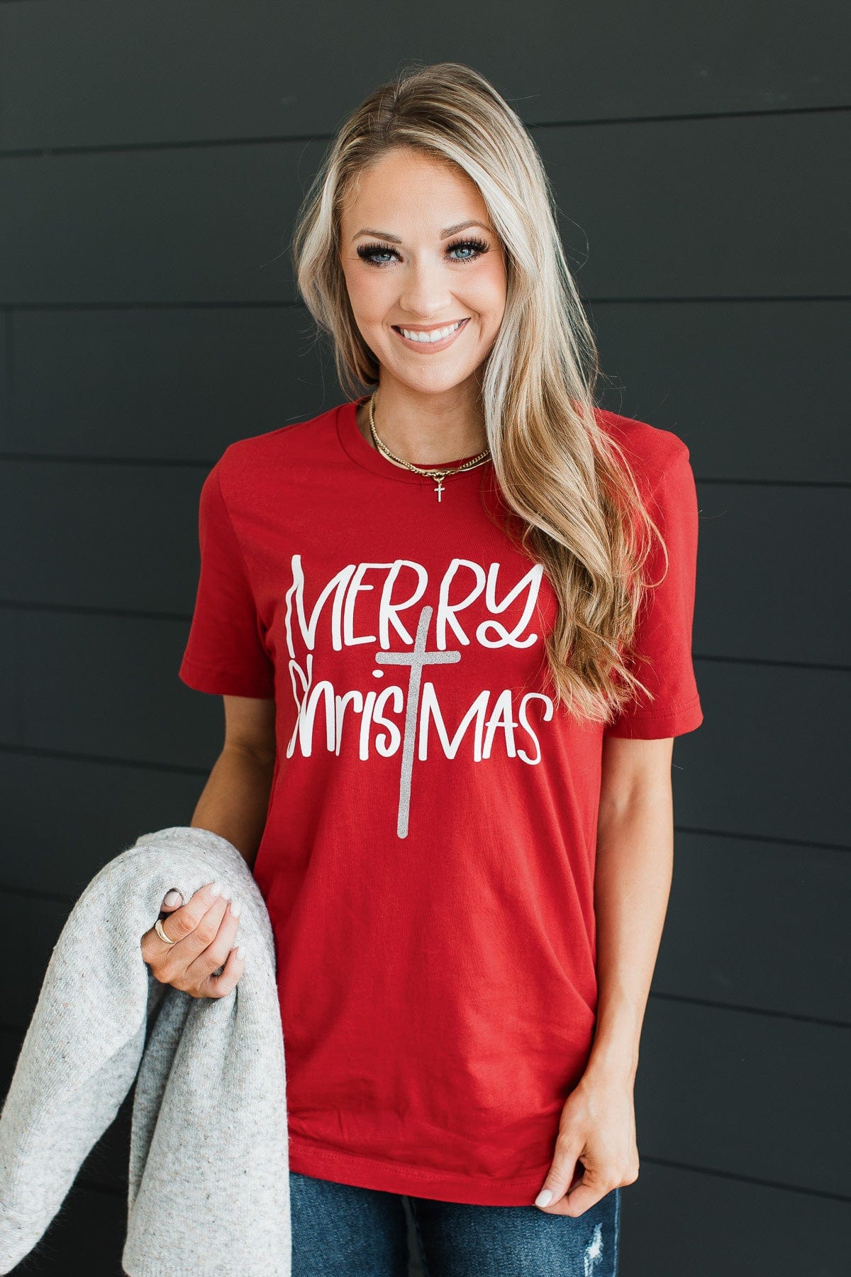 "Merry Christmas" Cross Graphic Tee- Red