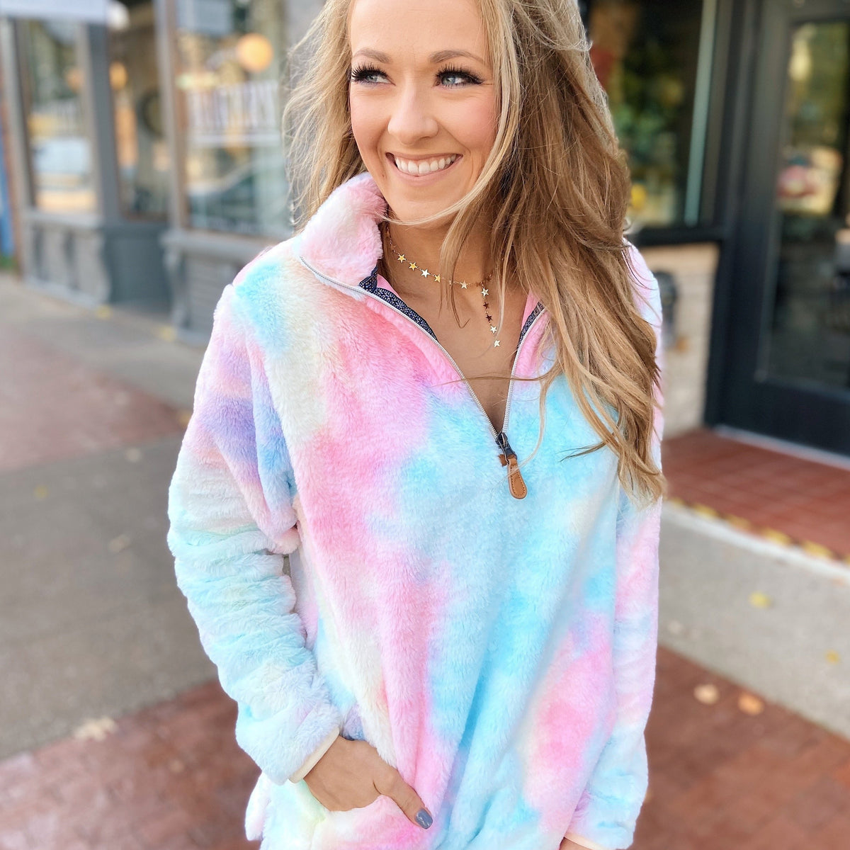 Quarter Zip Tie Dye Sherpa- Cotton Candy  The Pulse Boutique