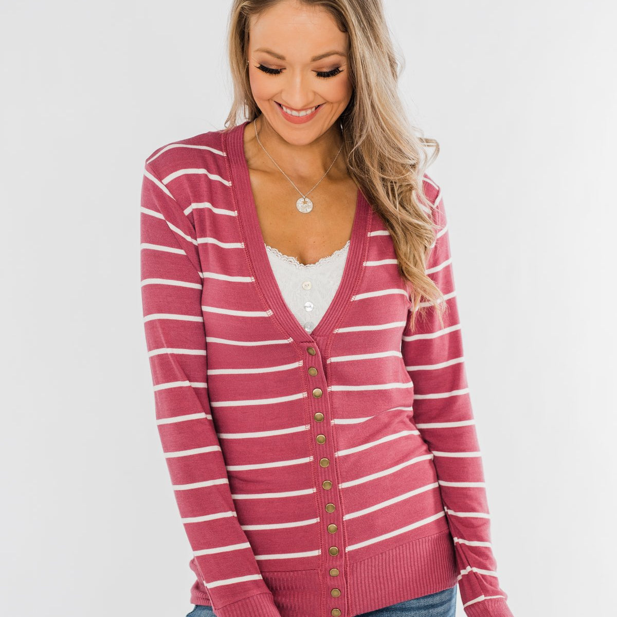 Strawberry Pink Colorblock Striped Buttoned Fuzzy Cardigan