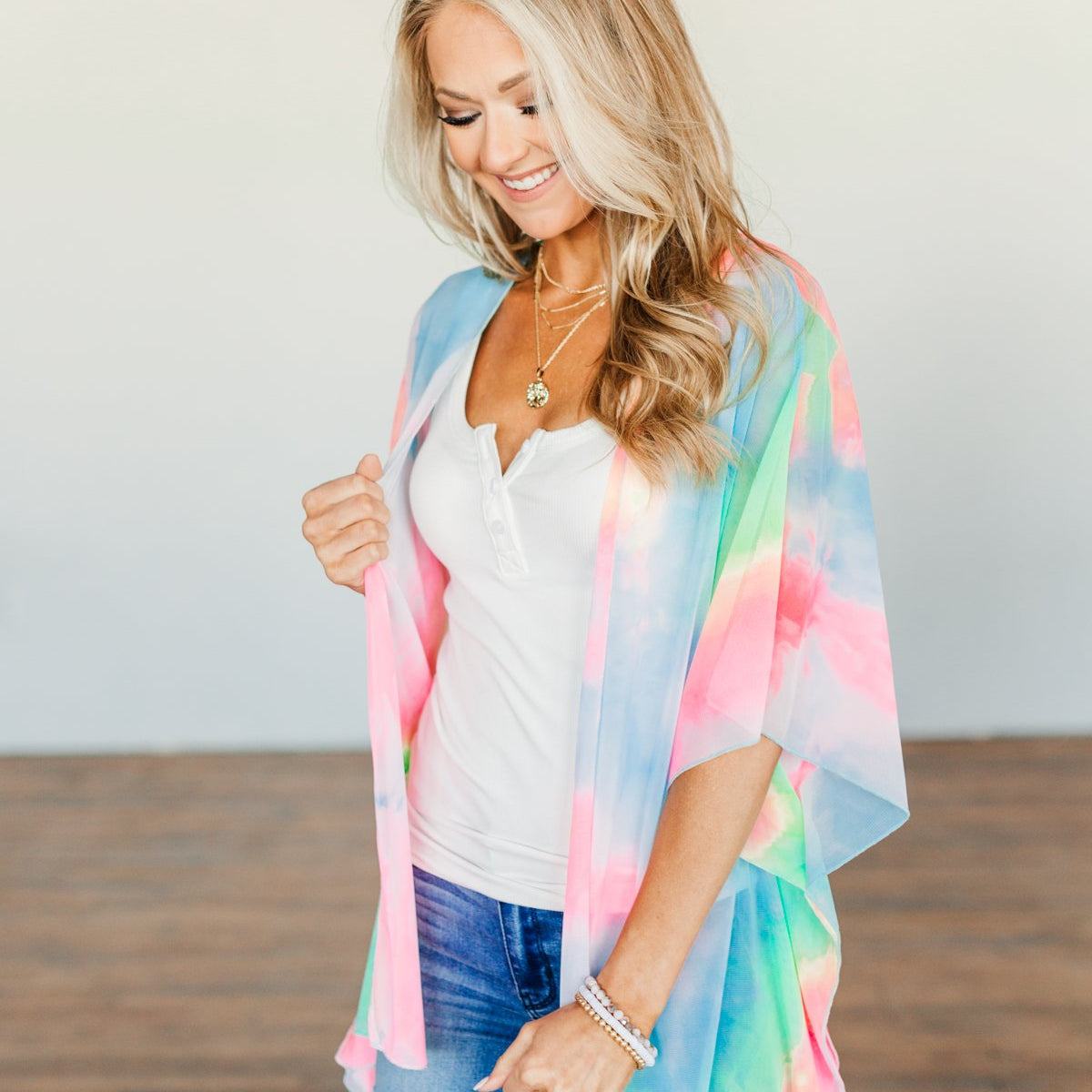 Bold Abstract Tie Dye Long Kimono In Grey & Gold