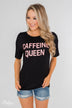 "Caffeine Queen" Graphic Top- Black
