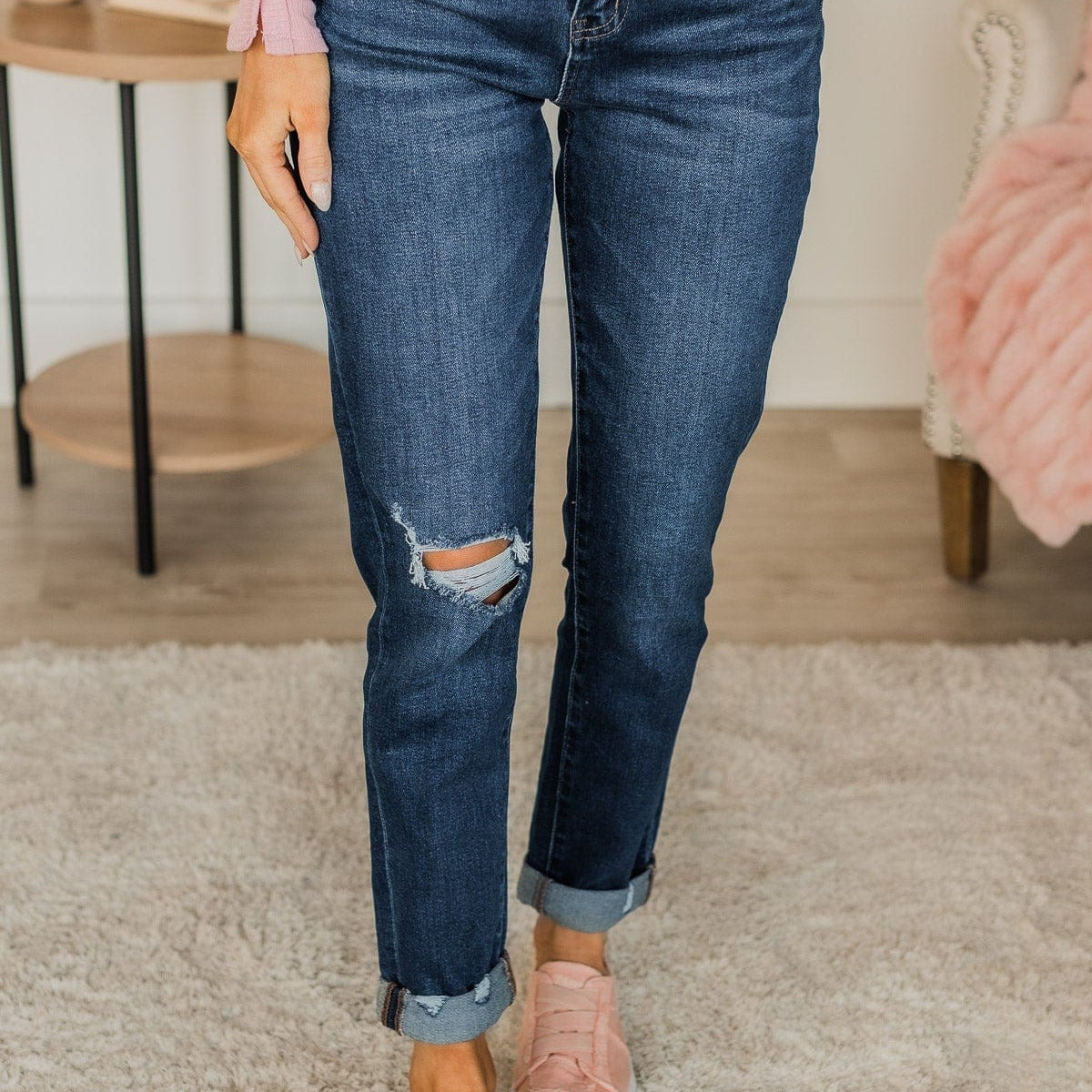 Plus Pleated At Waist Roll Hem Mom Jeans