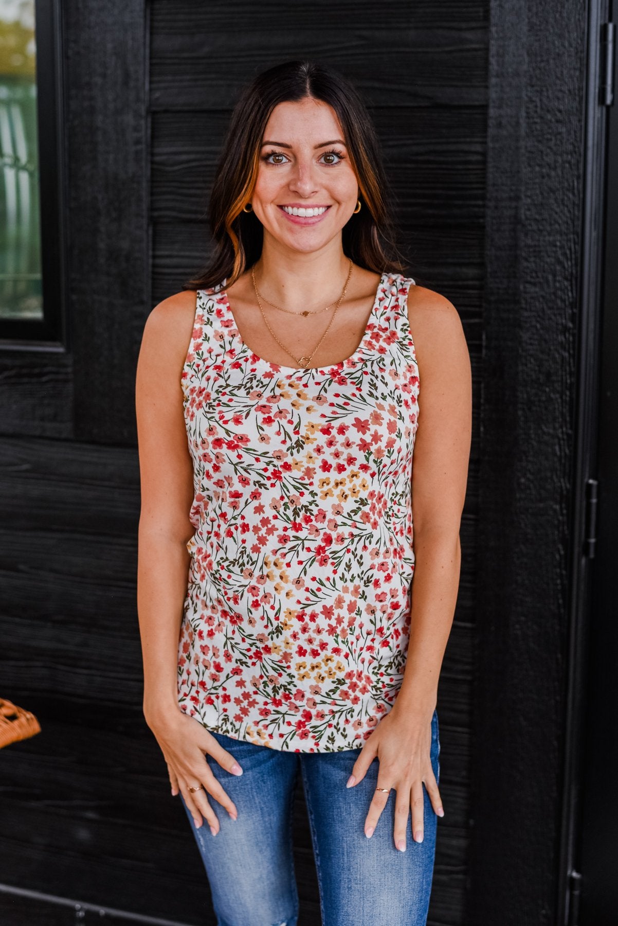 Love To Give Floral Tank Top- Ivory, Rust, & Forest Green