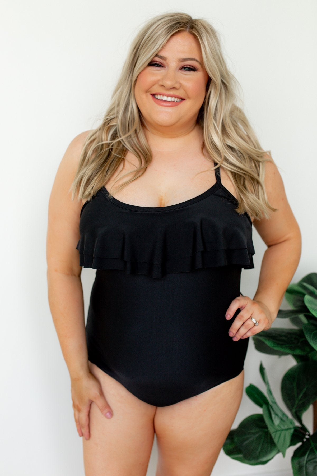 One Piece Ruffle Swimsuit- Solid Black