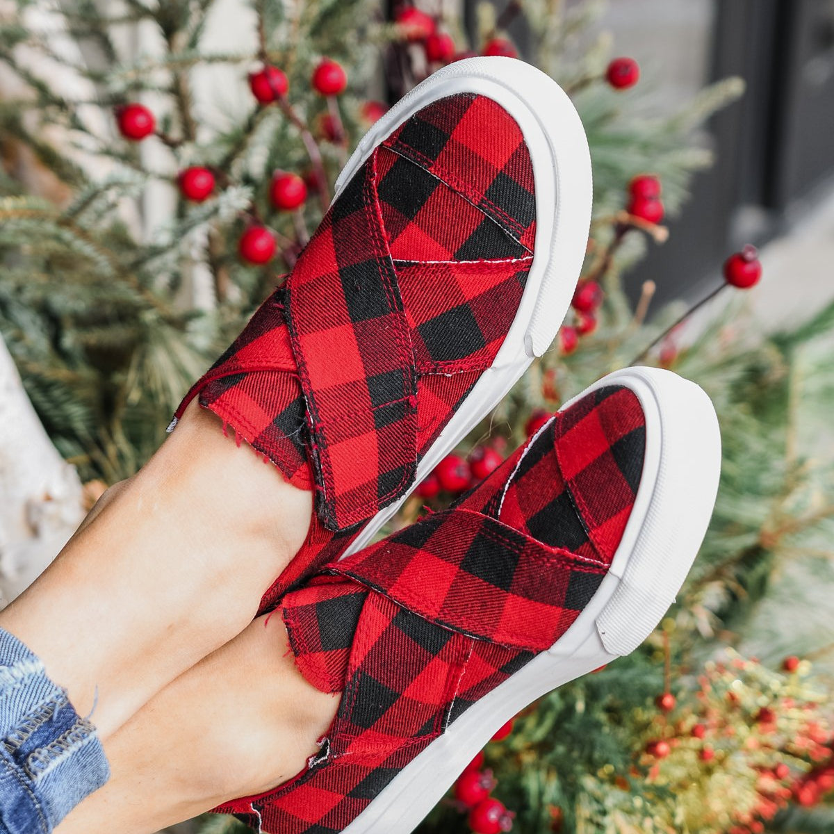 Gypsy Jazz Plaid Along Sneakers- Red Buffalo Plaid