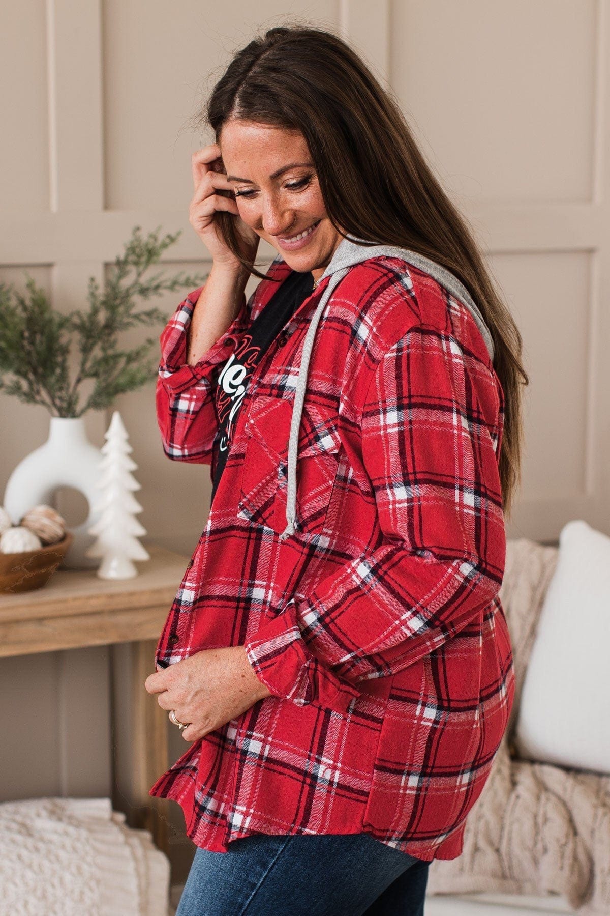 Red plaid hoodie women's hotsell