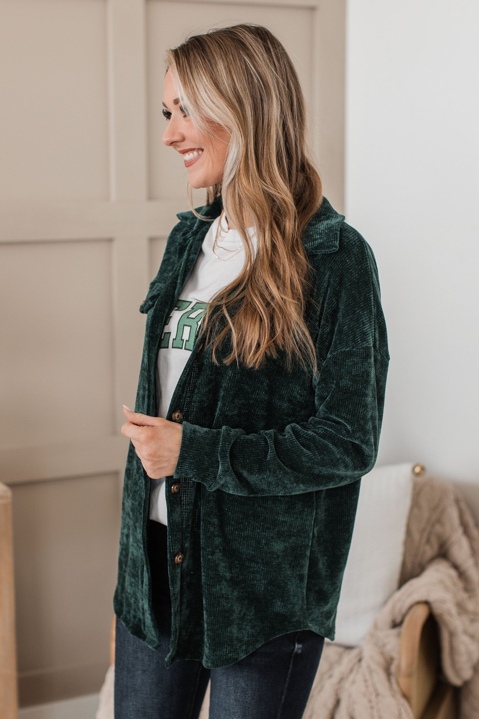 Cause For Applause Knit Button Top- Forest Green
