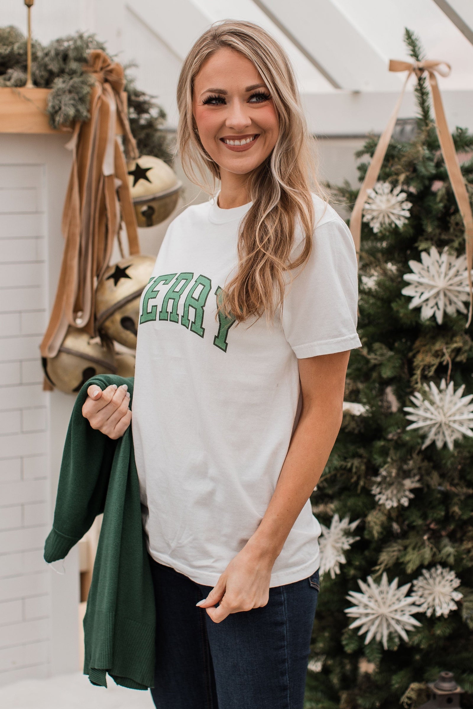 "Merry" Varsity Graphic Top- Ivory