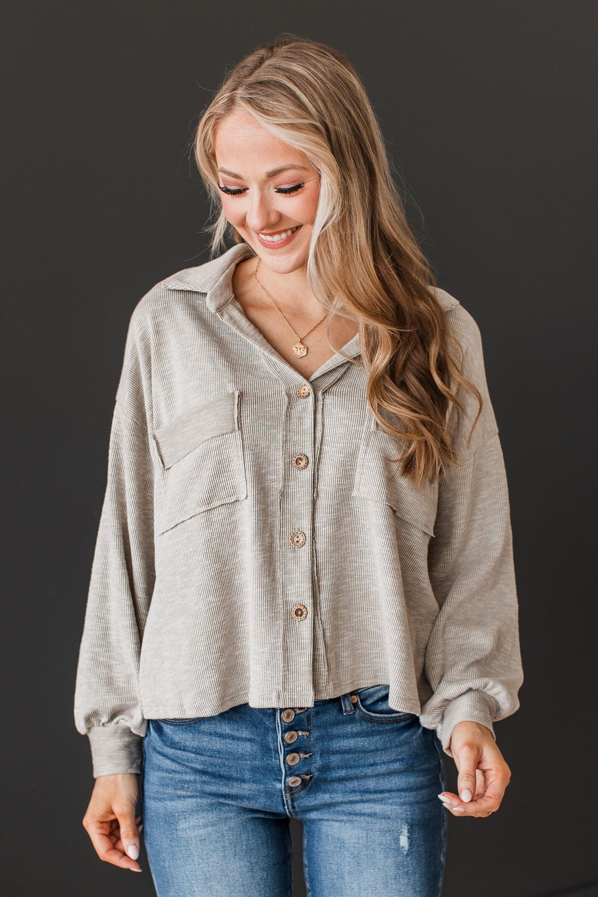 Made To Captivate Knit Button Top- Light Taupe