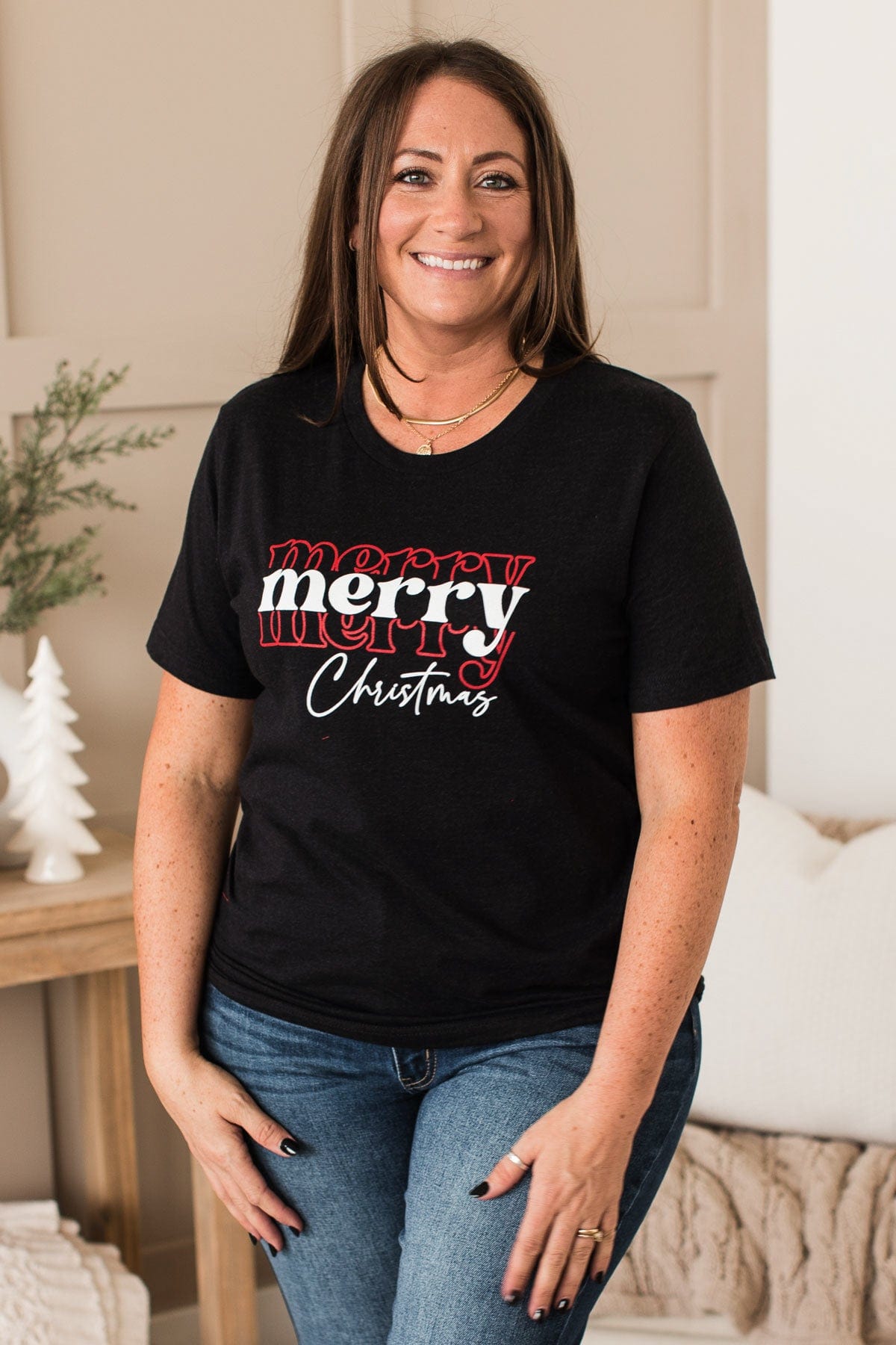 "Merry, Merry, Merry Christmas" Graphic Tee- Black