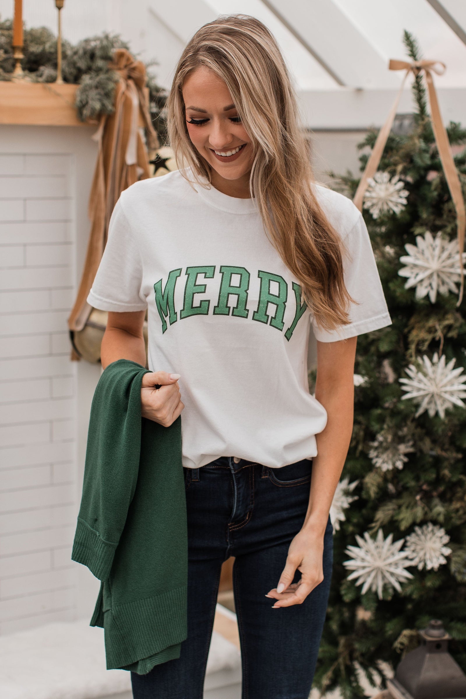 "Merry" Varsity Graphic Top- Ivory
