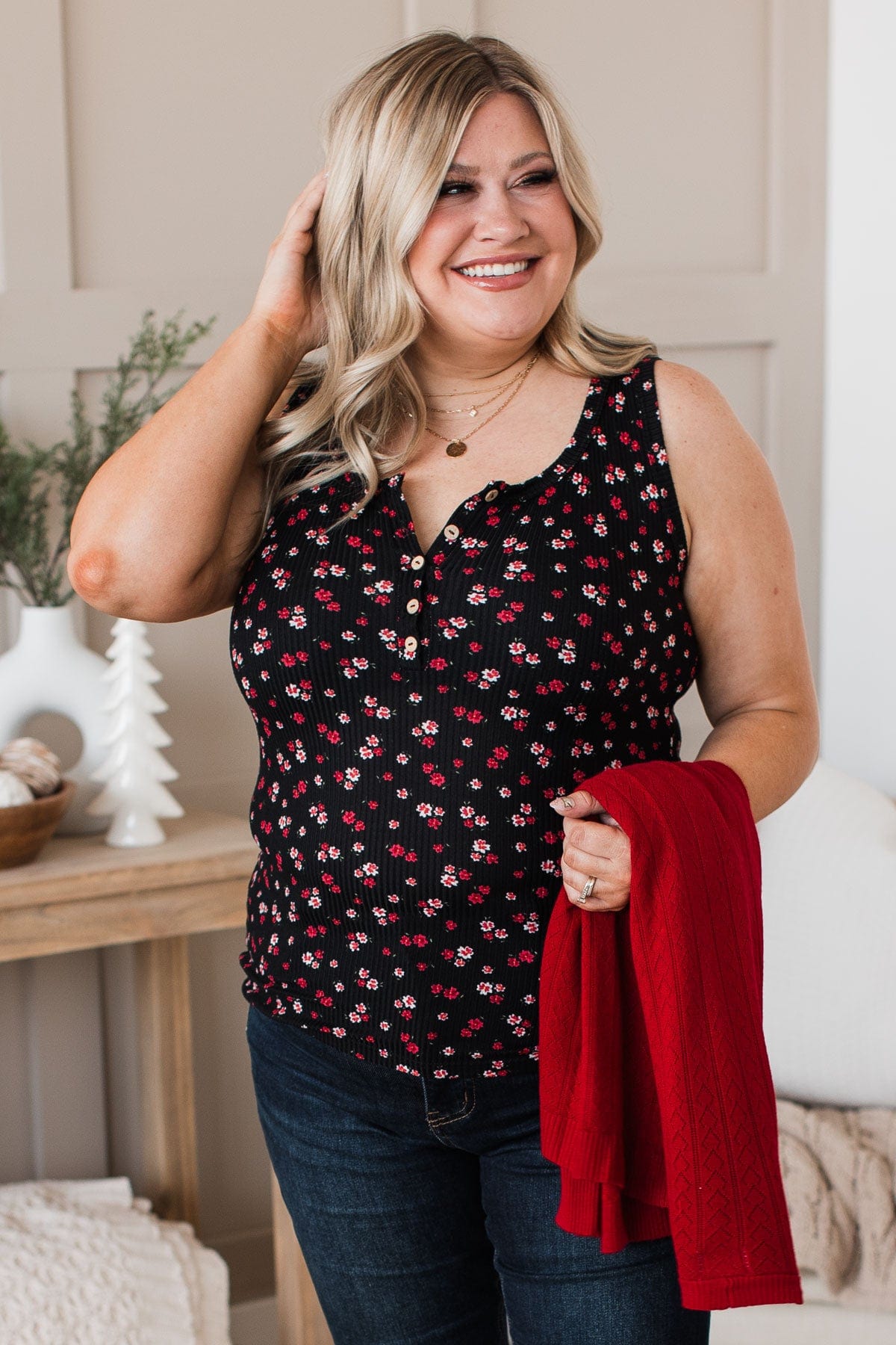Passionate About You Floral Tank Top- Black & Red