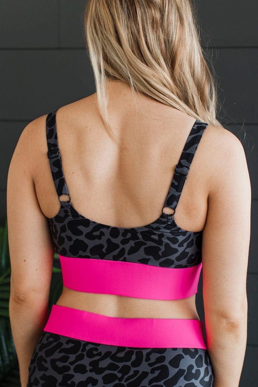 Kissed By The Sun Bikini Swim Top- Charcoal Leopard & Neon Pink