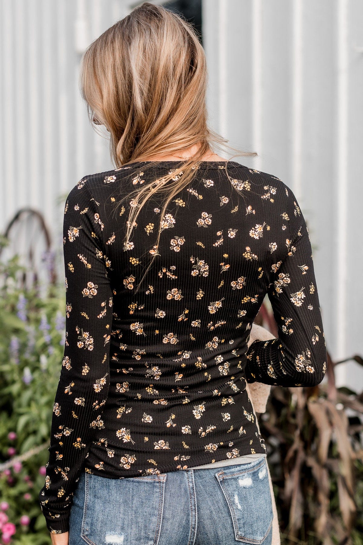 Call Me Lovely Floral Henley Top- Black