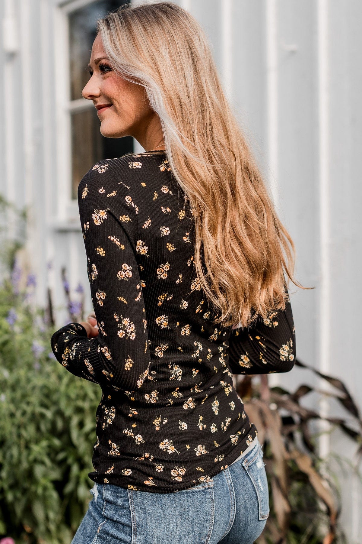 Call Me Lovely Floral Henley Top- Black