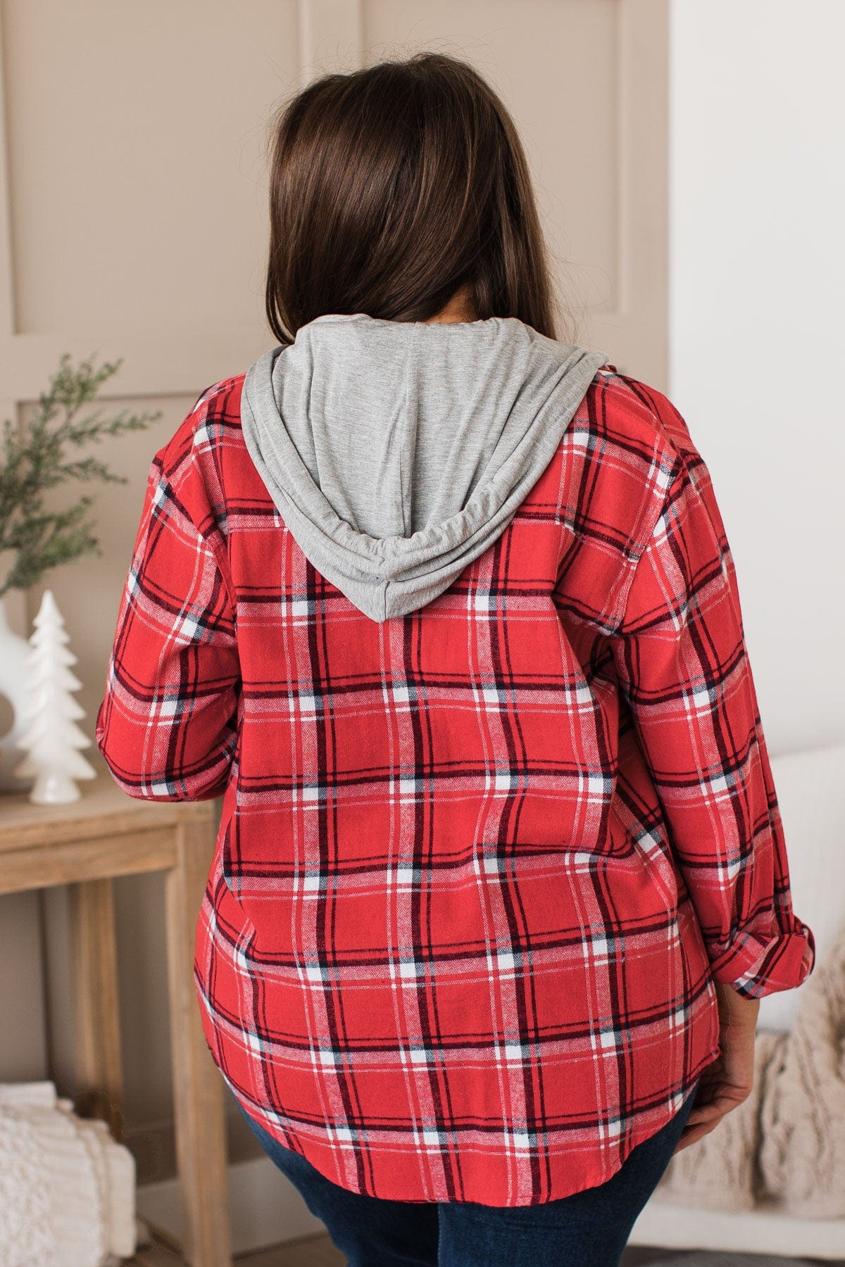 Falling Again Plaid Hooded Top- Red