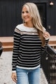 Can't Stay Away Striped Sweater- Black & Taupe