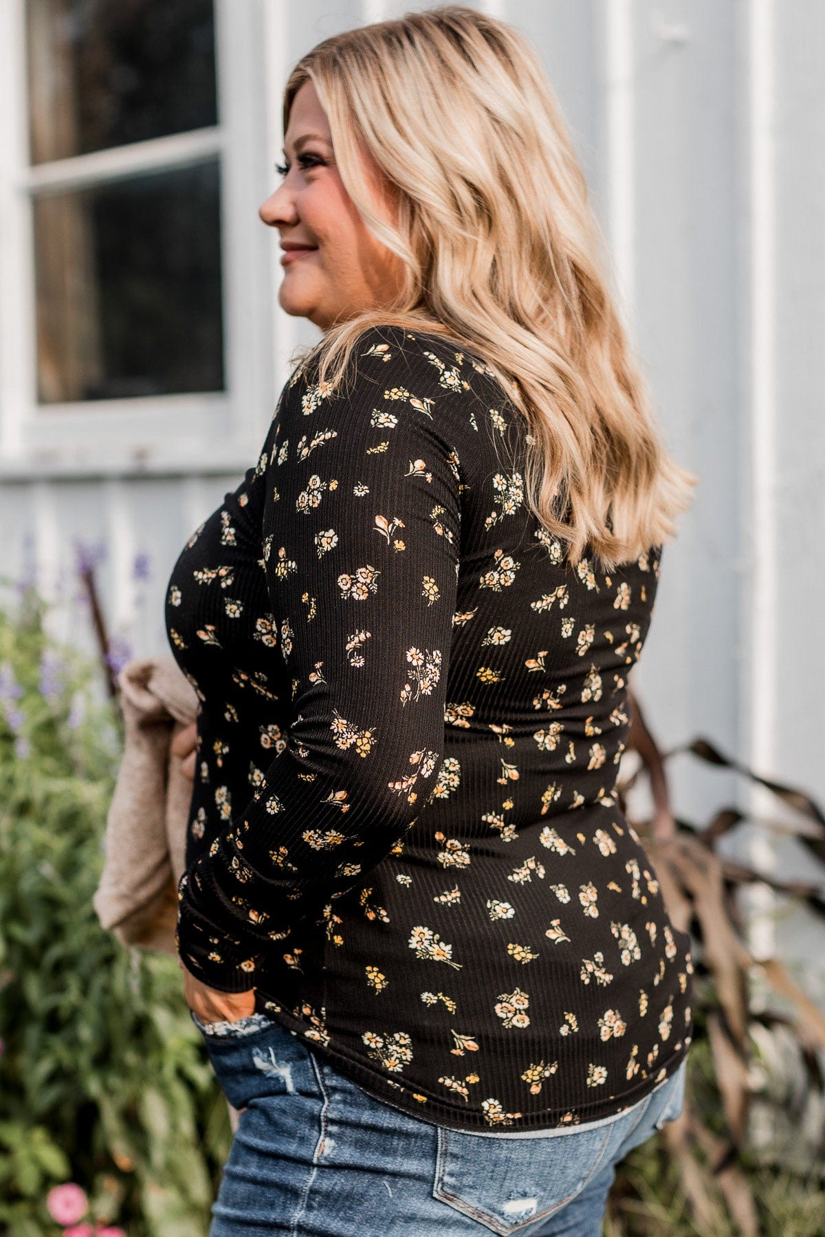 Call Me Lovely Floral Henley Top- Black