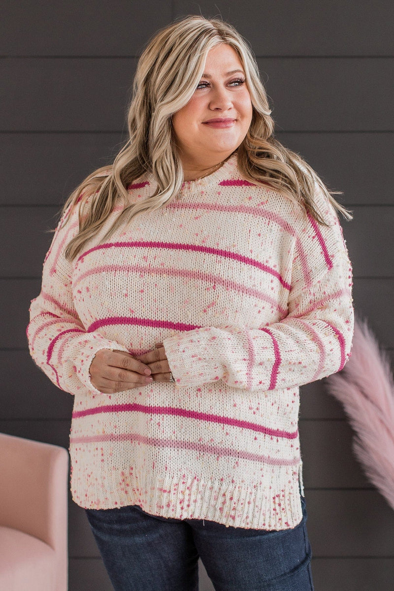 Pink Striped Confetti Drop Sleeve Knit Sweater