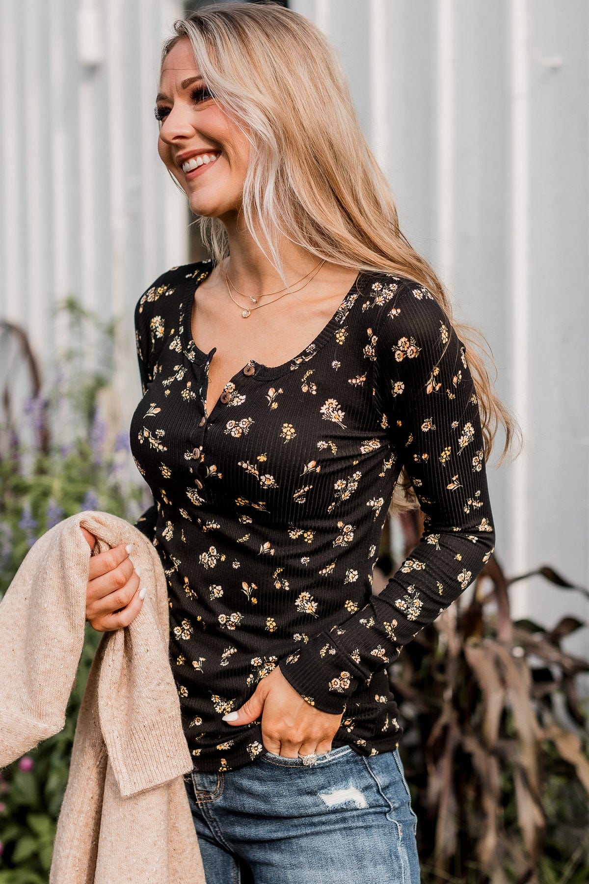 Call Me Lovely Floral Henley Top- Black