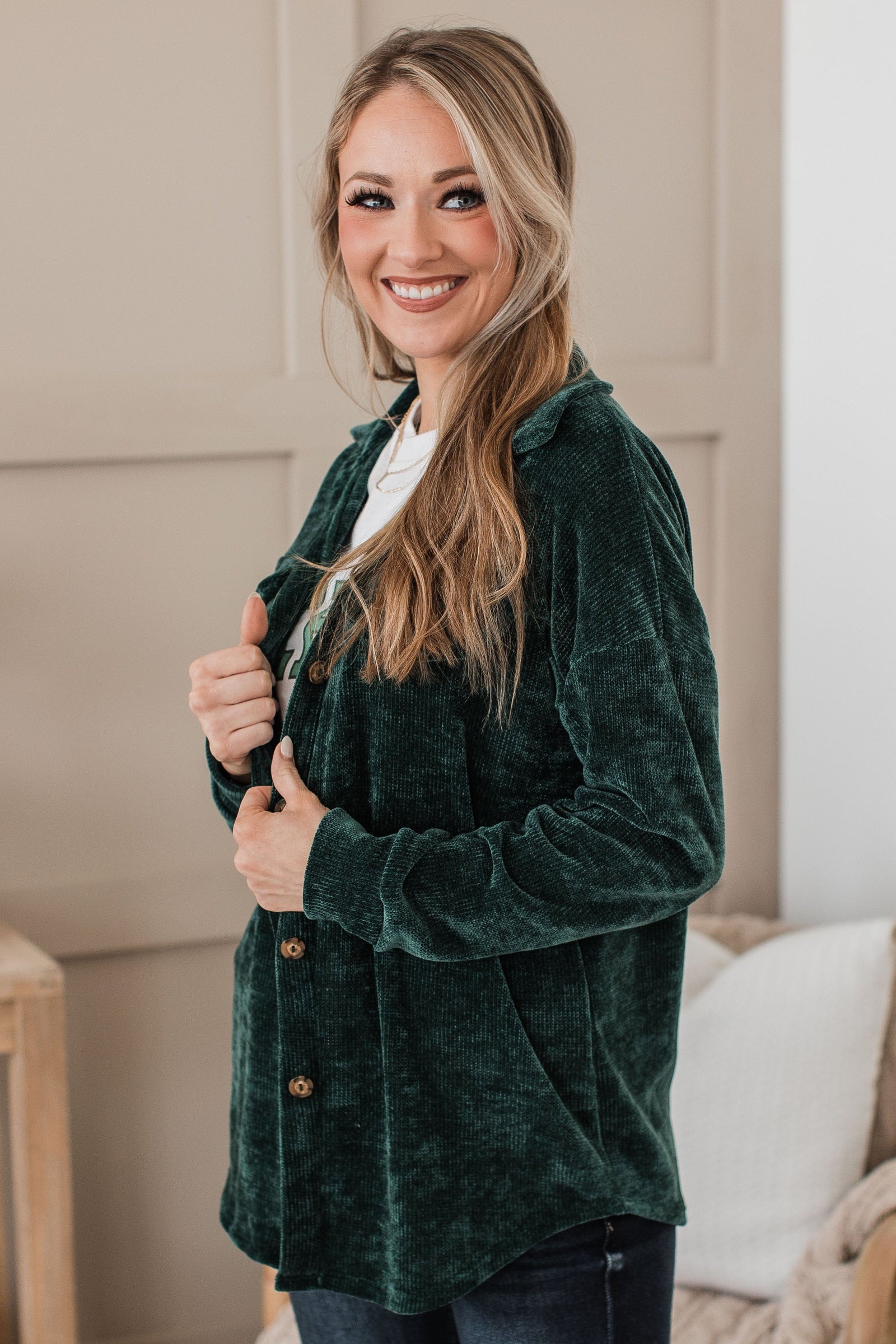 Cause For Applause Knit Button Top- Forest Green