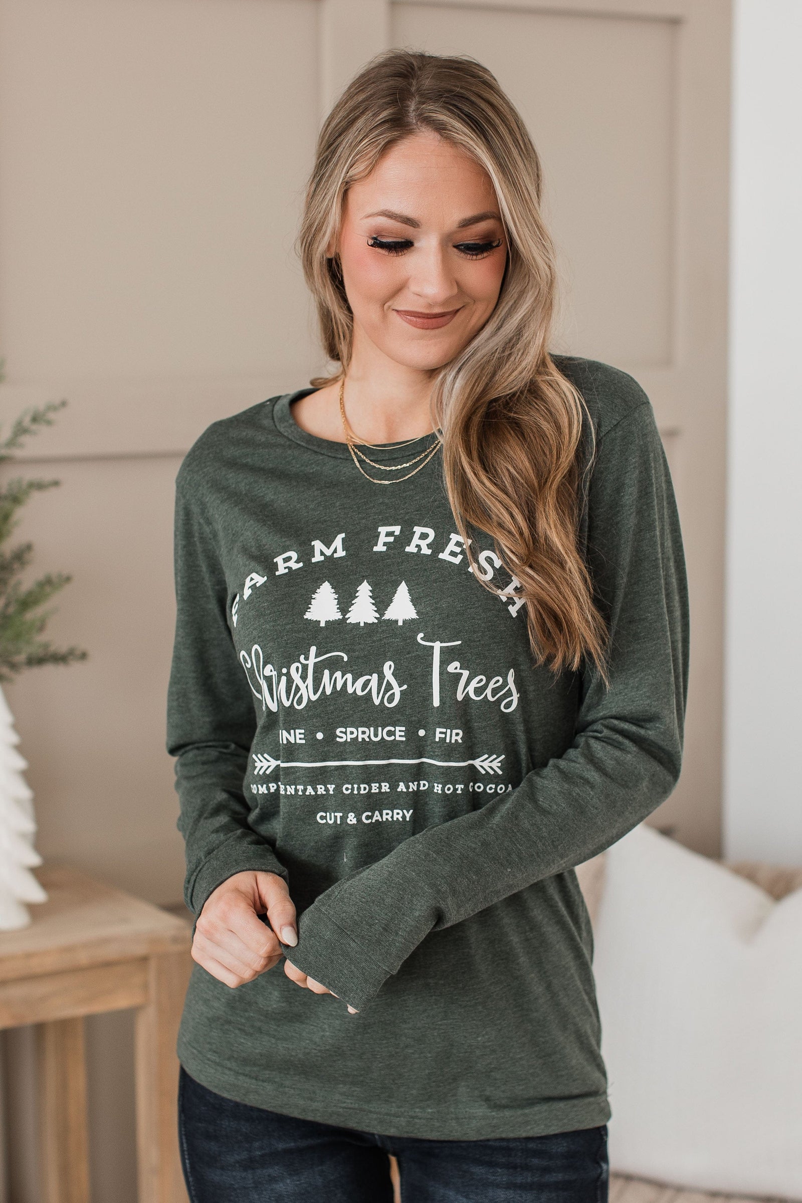 "Farm Fresh Christmas Trees" Long Sleeve Graphic Top- Hunter Green