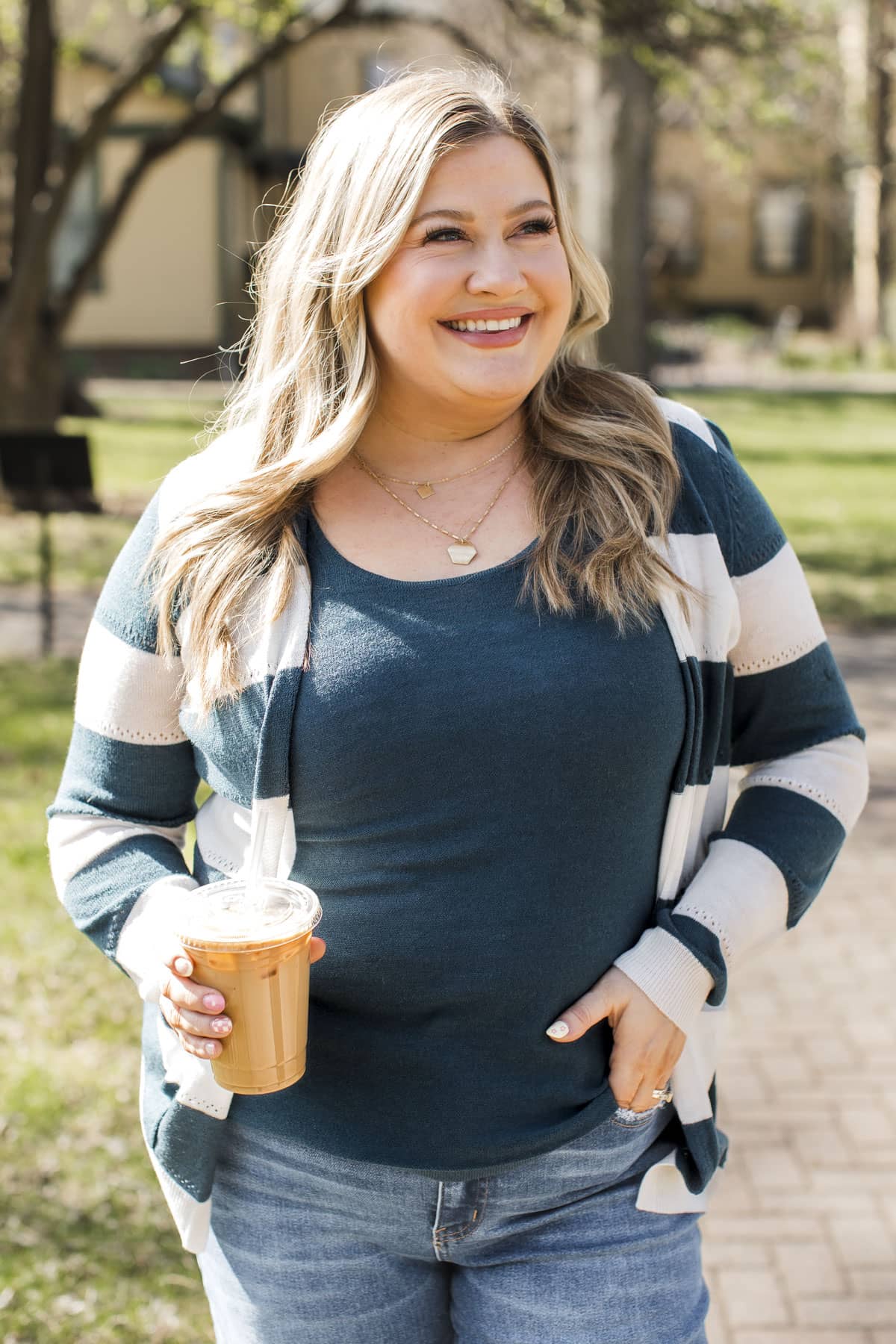 Sweet & Sincere Striped Pointelle Cardigan- Ivory & Dark Teal