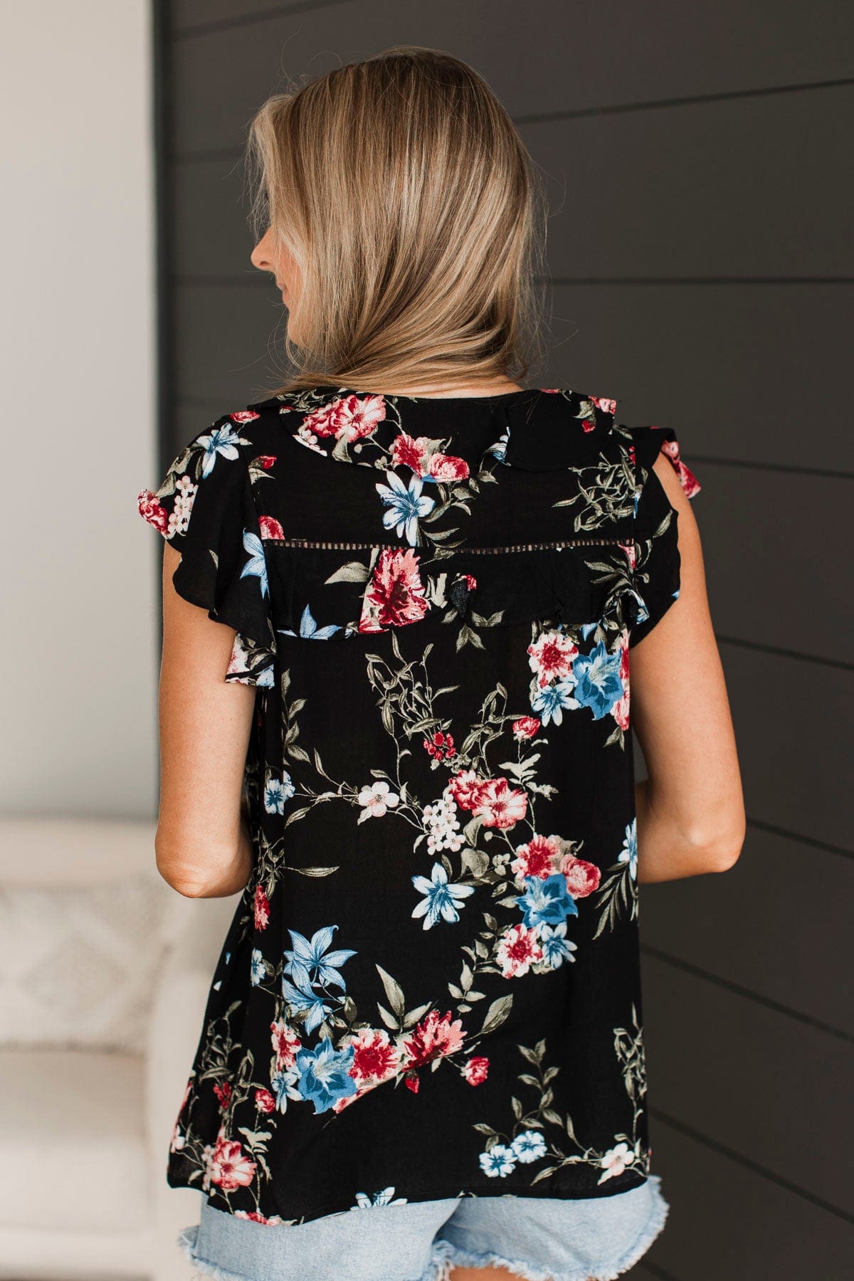 Elevated Evenings Floral Ruffle Top- Black